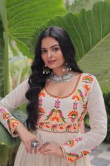 Ravishing White Cotton Embroidered Gown For Navratri