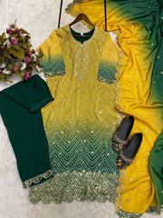 Precious Embroidery Work Yellow With Green Color Salwar Suit