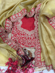 New Wedding Wear Mustard Color Gold Soft Saree