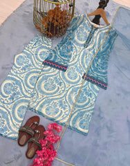 Classic Sky Blue Digital Print Palazzo Suit