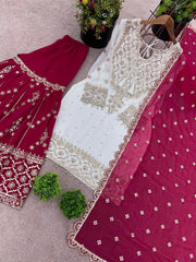 Exclusive Heavy Work White Color Suit Pink Sharara