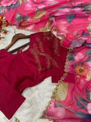 Gorgeous Flower Print With Work Pink Color Saree