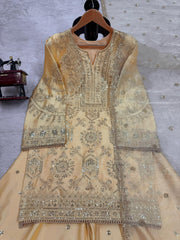 Attractive Chinon Silk Cream Color Sharara Suit