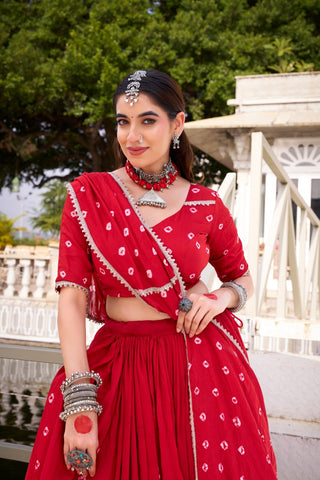 Alluring Red Color Chanderi Bandhej Lehenga Choli