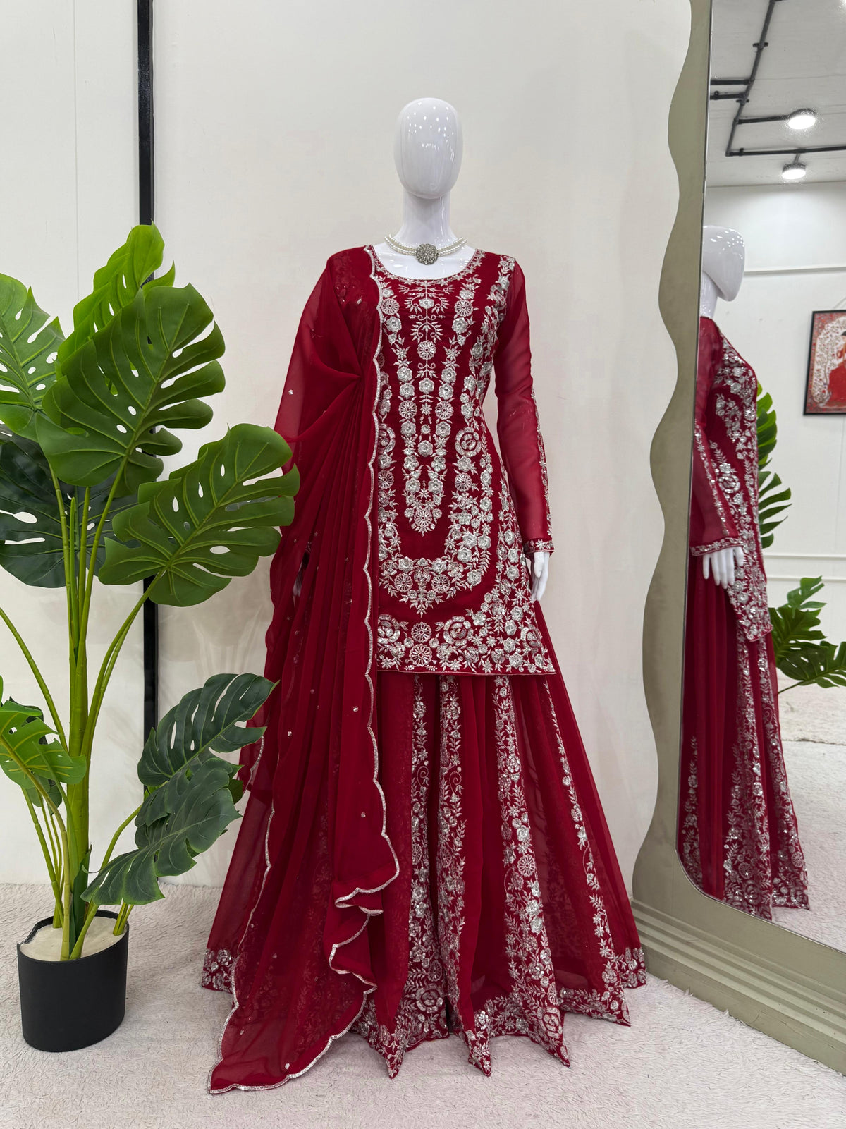 Demanding Georgette Red Color Sharara Suit