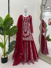 Demanding Georgette Red Color Sharara Suit