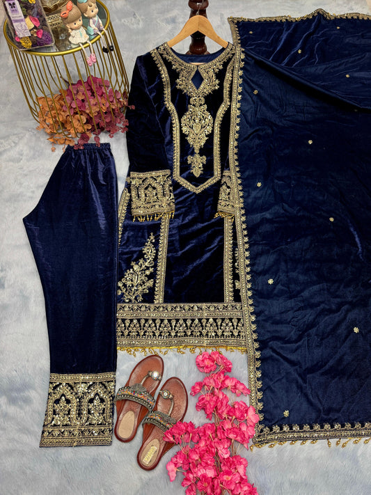 Delightful Blue Color Velvet Salwar Suit
