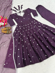 Attractive Purple Heavy Roman Silk Embroidery Anarkali Suit