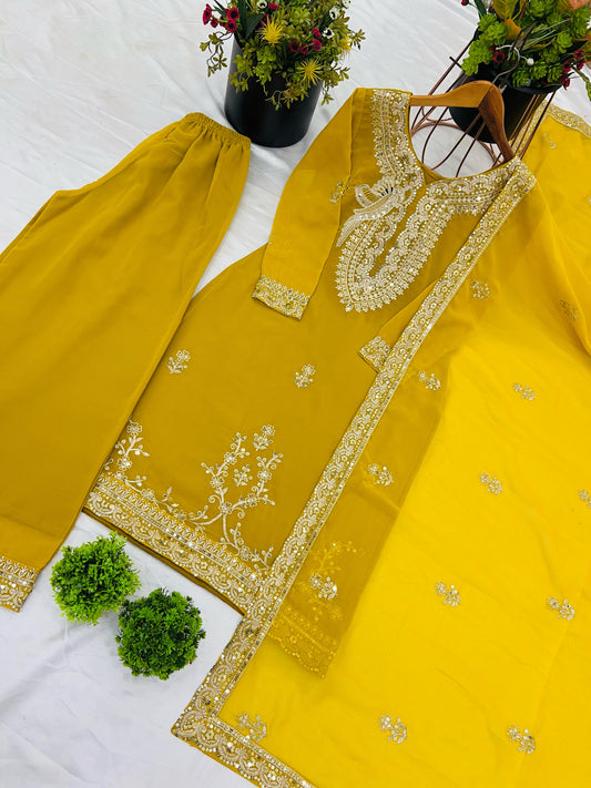Attractive Sequence Work Yellow Color Palazzo Suit