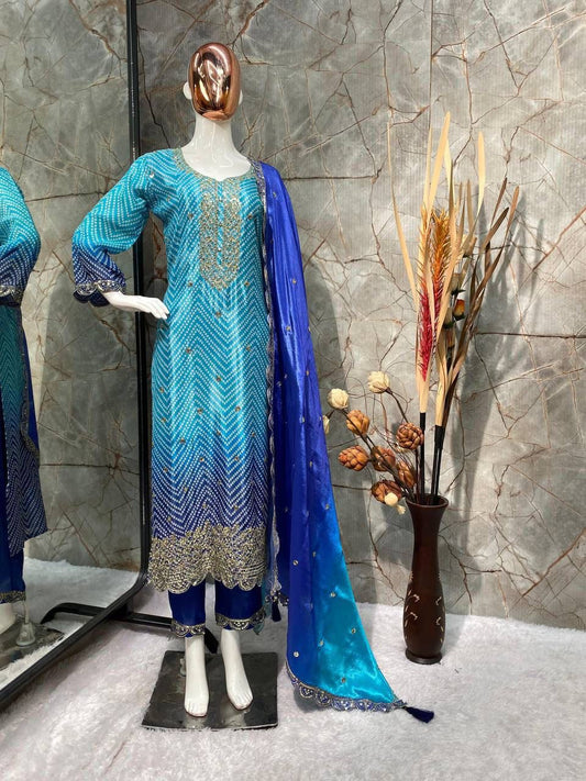 Precious Embroidery Work Sky Blue With Navy Blue Color Salwar Suit