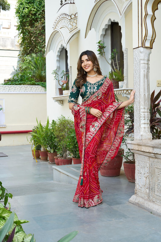 Bhadhni Print With Gota Patti Work Red Color Saree