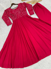 Trendy Red Roman Silk With Embroidery Work Gown