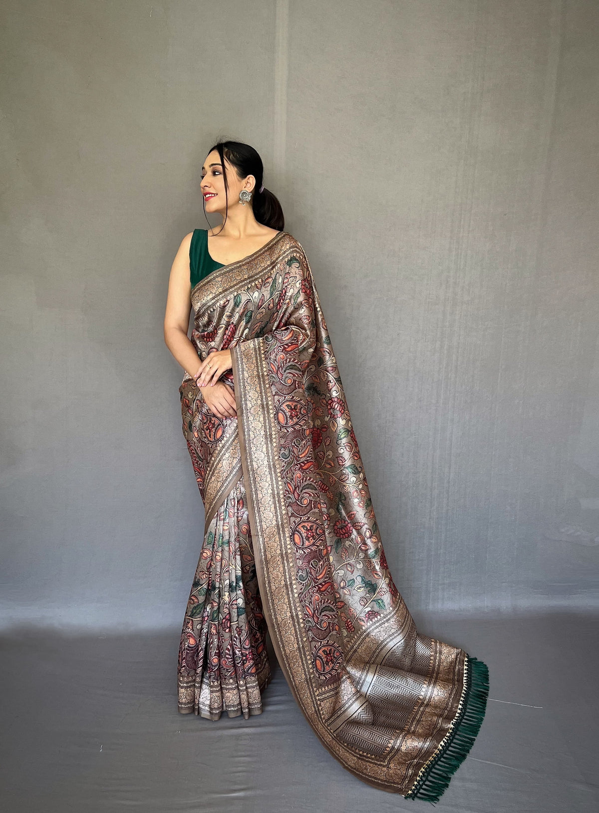 Kalamkari Fusion Print Bottel Green Color Silk Saree