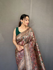 Kalamkari Fusion Print Bottel Green Color Silk Saree