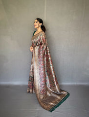 Kalamkari Fusion Print Bottel Green Color Silk Saree