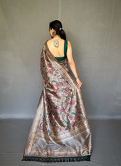 Kalamkari Fusion Print Bottel Green Color Silk Saree