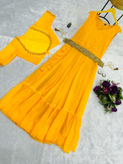 Wonderful Embroidery Work Yellow Color Gown With Koti