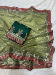 Wonderful Embroidery Work Green Color Designer Saree