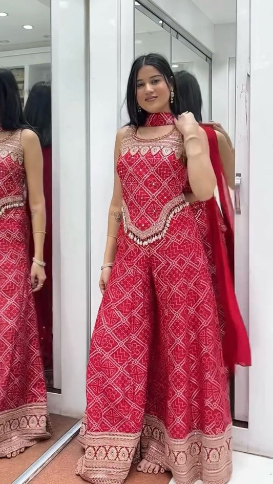 Occasion Wear Chinon Silk Red Color Sharara Suit