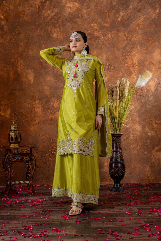 Stunning Chinon Silk Perrot Color Color Palazzo Suit