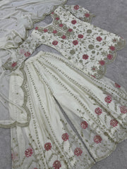 Demanding Sequence And Thread Work White Color Sharara suit