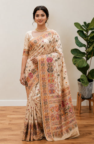 Beautiful Musterd Pashmina Silk Rajwadi Work Saree