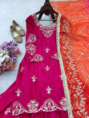 Ravishing Pink Cinon Silk Sequence Work Sharara Suit