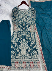 Peaceful Heavy Embroidery Work Blue Color Palazzo With Dupatta Set