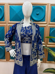 Glimmering Heavy Work Navy Blue Color Palazzo Suit With Koti