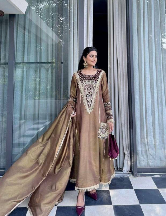 Preferable Embroidery Sequence Work Beige Color Gown