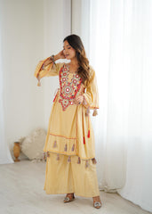 Exclusive Yellow Khadi Cotton Embroidery Work Co-ord Set