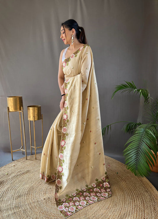 Awesome Cream Color Matka Silk Saree