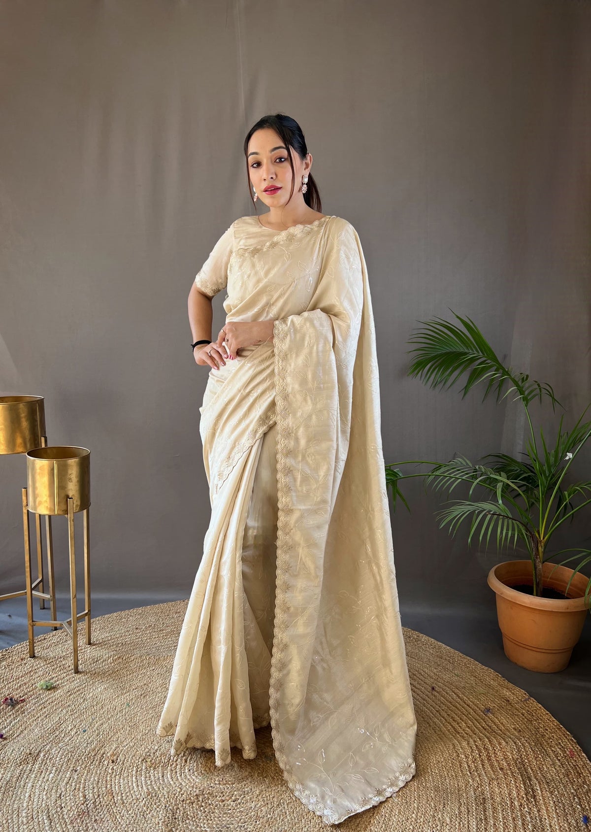 Presenting Ready To Wear Cream Color Silk Saree