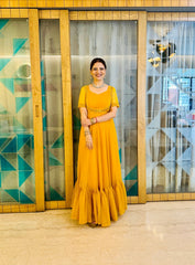 Wonderful Embroidery Work Yellow Color Gown With Koti