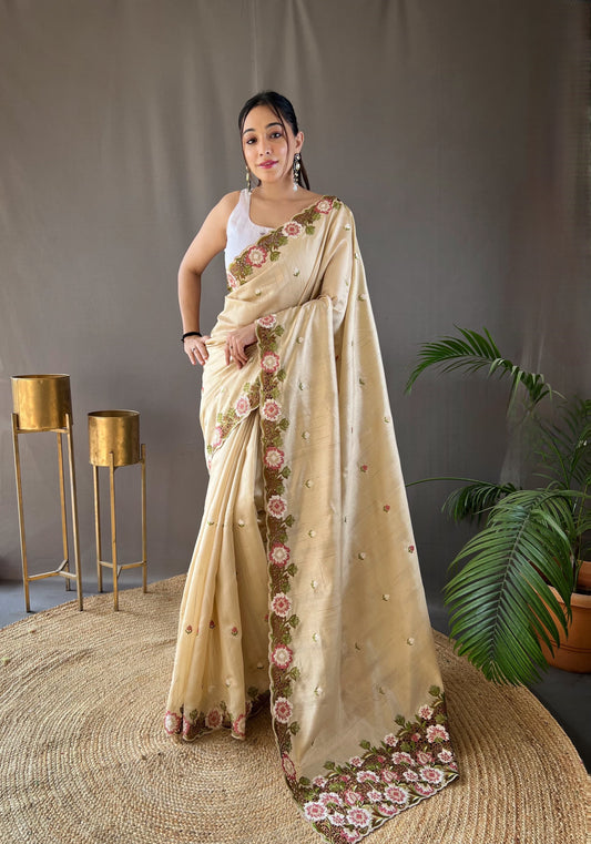 Awesome Cream Color Matka Silk Saree