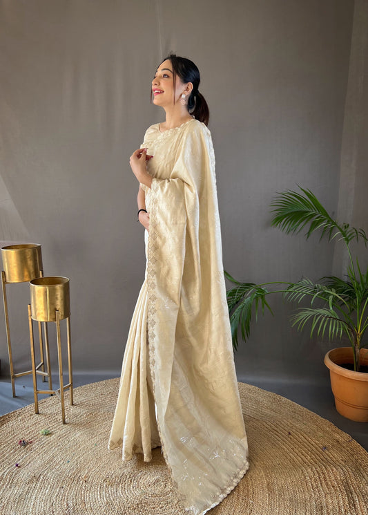 Presenting Ready To Wear Cream Color Silk Saree