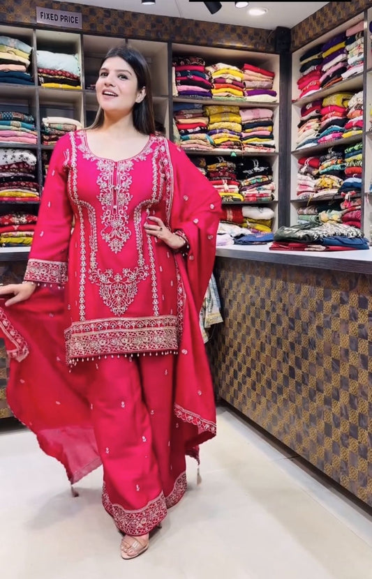 Admiring Pink Chinon Silk Embroidery Work Palazzo Suit