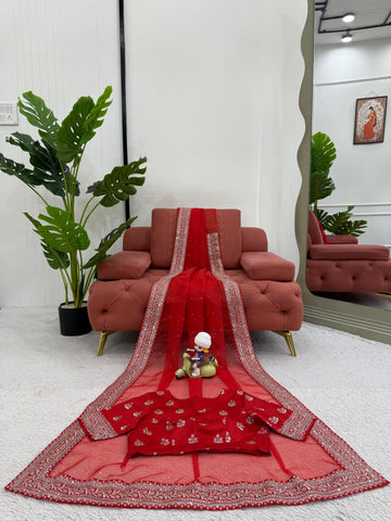 Diamond Work Red Color Silk Saree
