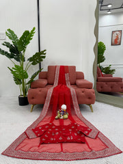 Diamond Work Red Color Silk Saree