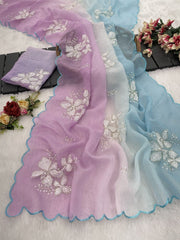 Fantastic Embroidery Work Lavender & Blue Multi Color Saree