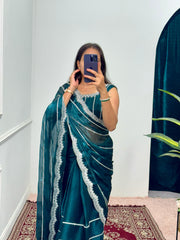 Peaceful Embroidery Zari Work Teal Blue Color Saree