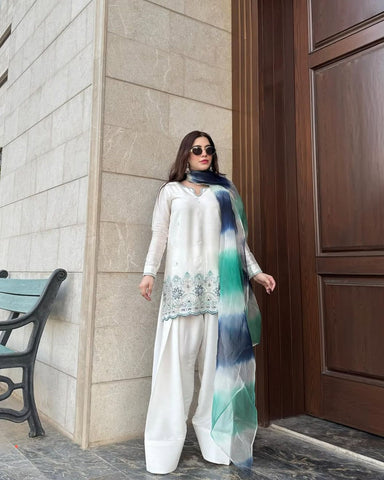 Beautiful Roman Silk White Color Salwar Suit