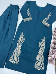 Roman Silk Full Stitched Blue Color Top With Palazzo