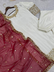 Awesome Sequence Work White Color Top Palazzo With Dupatta