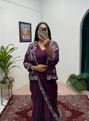 Wonderful Embroidery Work Wine Color Saree With Koti