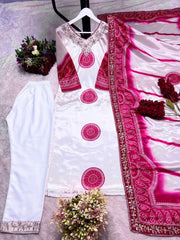 Marvelous White Silk Embroidery Work Palazzo Suit