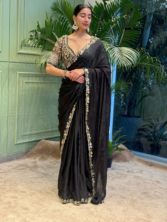 Wedding & Party Wear Soft Rangoli silk Black Color Saree