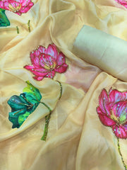 Designer Yellow Tabby Silk with Floral Print Saree