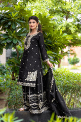 Demanding Embroidery Sequence Work Black Color Sharara Suit