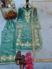 Stunning Sequence Work Teal Blue Color Palazzo Suit